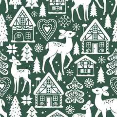 Seamless vector pattern with vintage Christmas deer and gingerbread houses. Hand drawn illustration of festive woodland and cute fawn. Perfect for textile, wallpaper or print design.