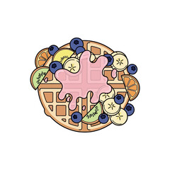 Delicious Waffle with Fresh Fruit and Pink Syrup Topping.