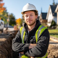 A confident construction worker poses outdoors, wearing a hard hat and safety gear, with a residential area and autumn foliage in the background.