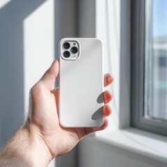 A hand holds a sleek, white smartphone case against a bright window, showcasing modern design and minimalism.