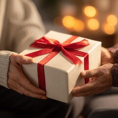 A warm moment of gift exchange between two people, showcasing a beautifully wrapped present with a festive red ribbon.