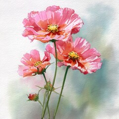 A beautiful watercolor painting of three pink flowers with delicate petals and vibrant details against a soft, blurred background.