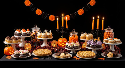Naklejka premium Halloween party treats with jack-o'-lanterns and spooky decor on display