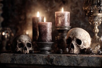A dark, moody scene featuring skulls, candles, and ornate candle holders, creating a mysterious and gothic atmosphere.