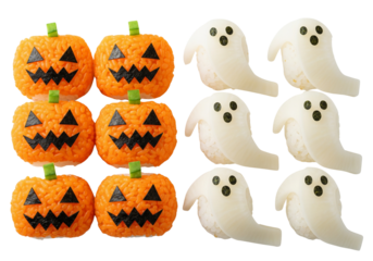 Cute & Spooky Halloween Onigiri: Jack-o'-Lantern Pumpkin and Ghost Shaped Rice Balls for Festive Bento Boxes and Party Food
