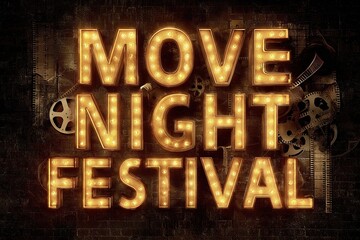 A vibrant marquee-style sign announcing the "Movie Night Festival," featuring illuminated letters and film reel motifs against a textured background.