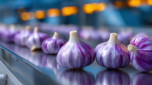 Purple garlic bulbs on a stainless steel conveyor belt in a food processing facility.