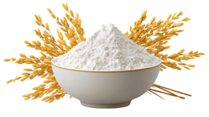 The Essence of Harvest: A pristine bowl of flour, a symbol of purity, rests gently against a backdrop of golden grain, an ode to nature's bounty and the art of culinary creations.