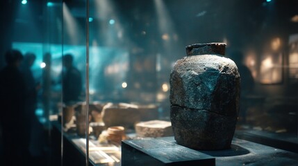 A dimly lit museum exhibit featuring an ancient stone vase, surrounded by artifacts and visitors in the background.