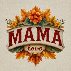 A decorative design featuring the word "MAMA" in bold letters, accompanied by colorful autumn flowers and leaves, conveying love and warmth.