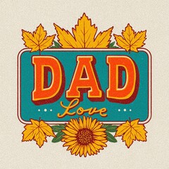 A colorful design featuring the word "DAD" with floral elements, representing love and appreciation for fathers, set against a textured background.