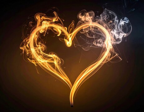 Heart shape formed by fire and smoke on a dark background.