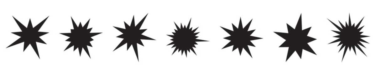 Set of comic splash, explosion, burst, bang, blast, shine and star vector icons isolated. Ideal design elements for sale labels, discount stickers, promo tags, advertising and promotion themes.