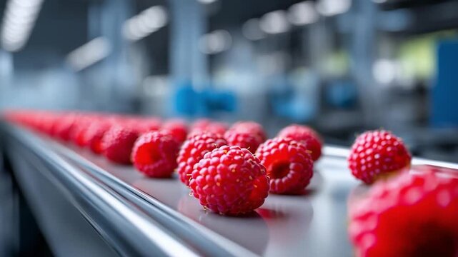 Red raspberries moving along a conveyor belt in a food processing plant.