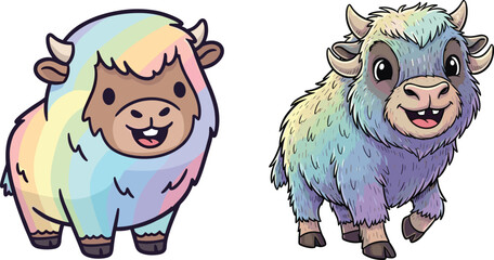 Cartoon bison vector with pastel and vibrant multicolor fur, cheerful and dynamic poses for nature, children, education, and design content