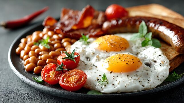 Full english breakfast with fried eggs and baked beans