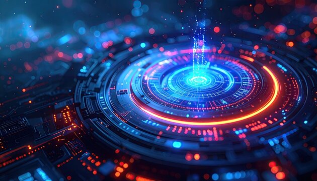 Abstract Futuristic Technology Concentric Circles Glowing Blue and Red Lights