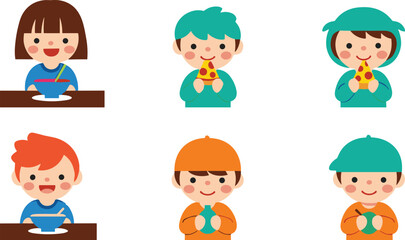 Cartoon kids eating, food variety, pizza, apple, bowl meal, happy children, mealtime illustration, nutrition concept, playful art, diverse characters