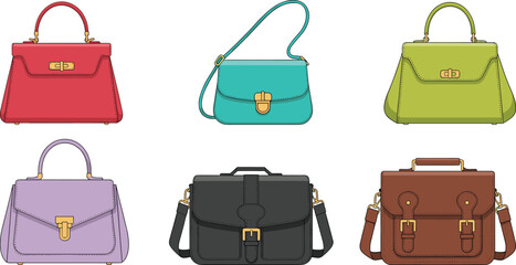 Handbag variety, fashion accessories, red purse, teal crossbody, green tote, lavender clutch, black satchel, brown bag, stylish design, elegant