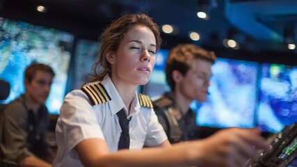 A female navigator guides students through aerial navigation charts in a simulator, surrounded by bright panels and digital displays for a modern flight training experience.