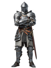 Obraz premium Knight in Shining Armor: A stoic knight stands tall, encased in gleaming plate armor, with his sword at the ready, embodying courage and valor of medieval era.