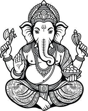 seated ganesha black and white clip art preview