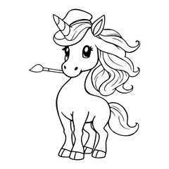 Cute Unicorn Coloring Page – Black and White Line Art for Kids, Printable Fairy Tale Fantasy Illustration