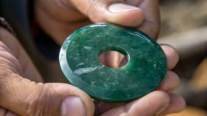 Close-up of a polished jade disc held by a miner’s fingers, its deep green surface reflecting soft light.
