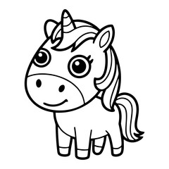 Cute Unicorn Coloring Page – Black and White Line Art for Kids, Printable Fairy Tale Fantasy Illustration