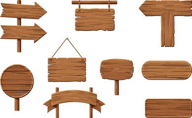 Wooden signboard vector, rustic signage design, blank wood signs, directional arrows, hanging planks, game UI elements, nature themed graphics