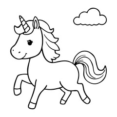Cute Unicorn Coloring Page – Black and White Line Art for Kids, Printable Fairy Tale Fantasy Illustration