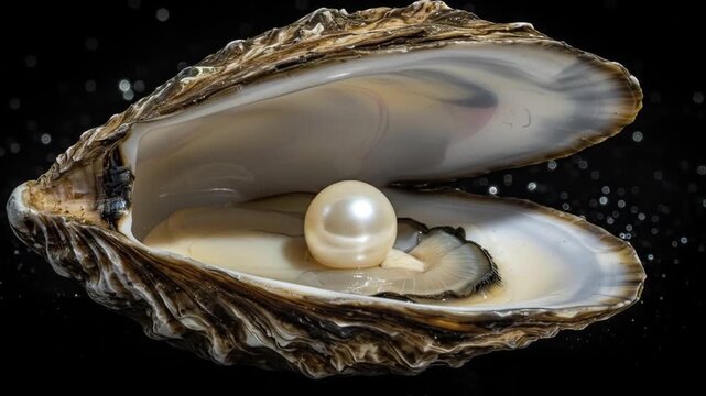 Pearl in open oyster shell a precious gem against black background