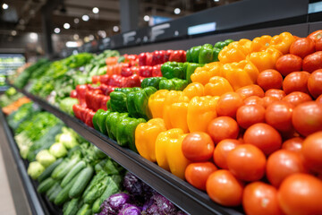 Colorful fresh vegetables display in supermarket