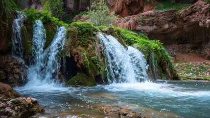 Natural Waterfall Wonders: Flowing Streams, Forested Mountains, and Moss-Covered Rocks in Outdoor Landscapes