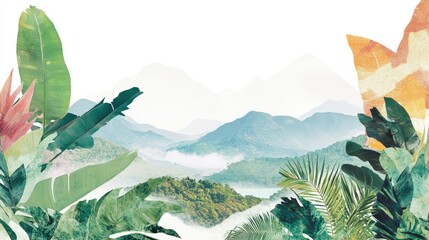 Collage showcasing a serene landscape with tropical plants creating a natural frame around a misty mountain vista