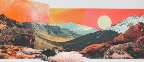 Contemporary collage showing a mountain landscape with snow, rocks, trees and orange sky with sun