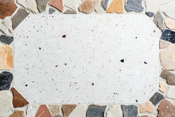 White terrazzo texture with colorful chips framed by irregular pebbles forming a decorative border, creating an interesting contrast