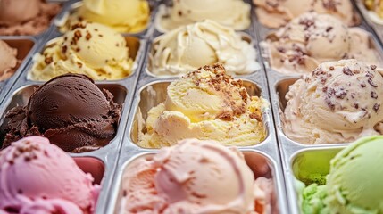 Assortment of colorful ice cream flavors sits in metal trays, creating a visually appealing display