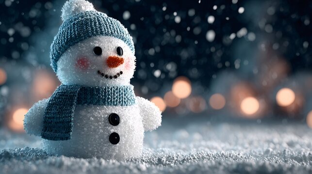 Snowman wearing hat and scarf in falling snow
