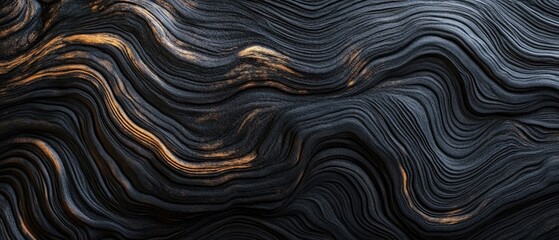 Wavy dark wood texture with golden highlights creating an abstract pattern, perfect for backgrounds and design projects