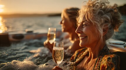 Joyful Moments of Celebration in a Sunset Hot Tub with Sparkling Wine