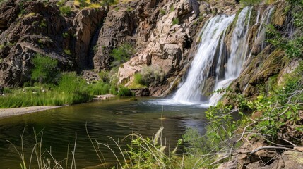 Natural Waterfall Wonders: Flowing Streams, Forested Mountains, and Moss-Covered Rocks in Outdoor Landscapes