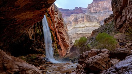 Natural Waterfall Wonders: Flowing Streams, Forested Mountains, and Moss-Covered Rocks in Outdoor Landscapes