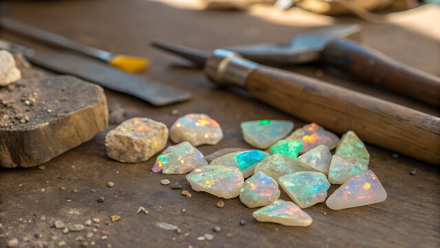 Close-up of rough opal fragments scattered on a miner&rsquo;s workbench, with iridescent flecks catching soft light.