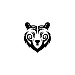 A bold, minimalist bear head icon with tribal-inspired patterns, set against a white background