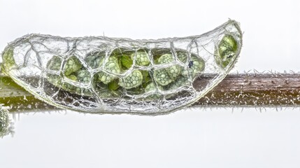 Close up photo of insect eggs in a sack, hanging from twig