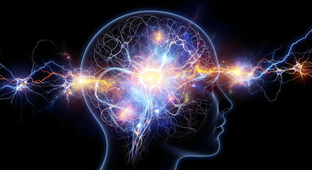 Electrical Storm of Neural Connections in Human Head Silhouette - Mental Health