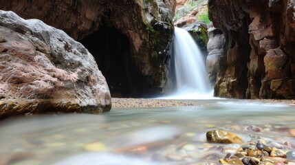 Natural Waterfall Wonders: Flowing Streams, Forested Mountains, and Moss-Covered Rocks in Outdoor Landscapes
