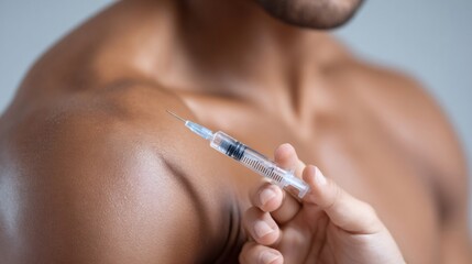 Man holding syringe preparing for injection on shoulder