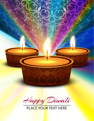 Happy Diwali Festival Background with Vibrant Trio of Glowing Diyas, Decorative Rangoli Patterns, Colorful Festive Lights, and Ornate Indian Celebration Design